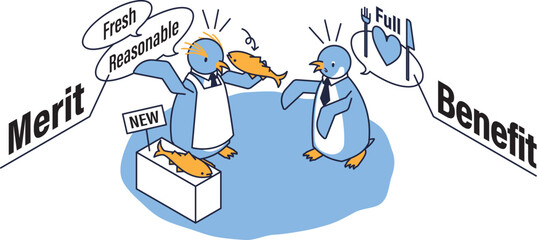 メリットとベネフィットを図解したペンギンのアイソメイラスト
