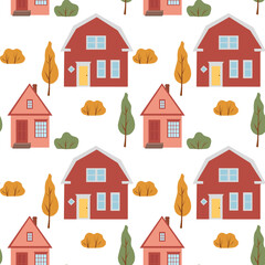 Seamless pattern with cute houses. Autumn trees and houses autumn pattern