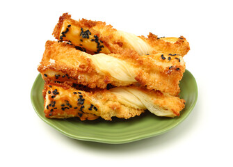 wooden spoon and fork on white background.