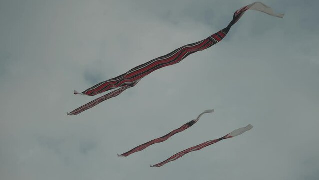 Balinese Traditional Kites JANGGAN (Red White Black Long Tail Bird Dragon) on Bali Kite Festival Summer Blue Sky Slow Motion