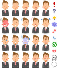 茶髪の若いビジネスマンの20種類の表情と感情を表す記号
