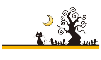 ハロウィンのシルエット（黒猫、お化けの木、三日月）のイラスト素材。