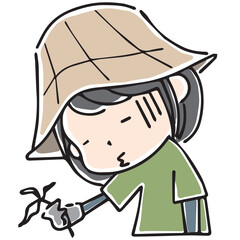 畑仕事の作業着でしおれた植物を手にガックリしている女性の上半身