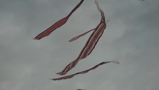 Balinese Traditional Kites JANGGAN (Red White Black Long Tail Bird Dragon) on Bali Kite Festival Summer Blue Sky Slow Motion