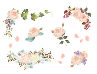 水彩で描いたピンクの薔薇のブーケセット
Set of watercolor floral arrangements with pink roses. 
