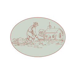 Medieval Grave Digger Shovel Oval Drawing