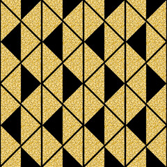 Gold triangular geometric ornament, seamless pattern black gold shimmer glitter background for design