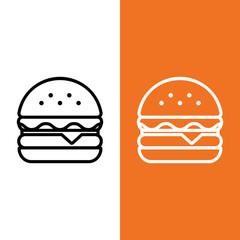 Burger Vector Icon in Outline Style. Hamburger is a sandwich consisting of one or more cooked patties of ground meat, usually beef, placed inside a sliced bread roll or bun. Vector illustration icon.