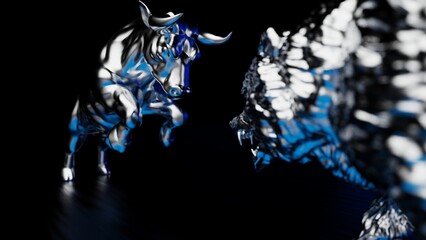 Metallic silver bull and bear sculpture staring at each other in dramatic contrasting light representing financial market trends under blue-black background. Concept images of stock market. 3D CG.