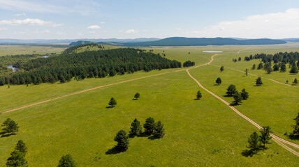 Top aerial panoramic view of green fields and meadows in summer. Mongolian landscape with sunny sky. Landscape with drone