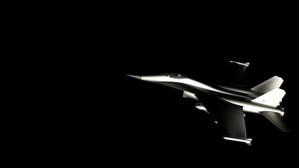 Fototapeta na wymiar Silhouette illustration of a fighter plane against black background of white light. 3D CG. 3D illustration.