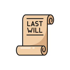 Last will testament scroll icon for notary, justice or legal service and lawyer office, vector symbol. Testament scroll of last will for legal attorney, legislation consultant and notary service