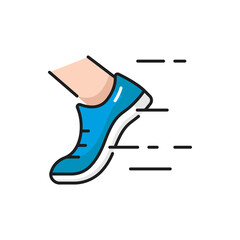 Naklejka premium Running man or woman shoes isolated outline icon. Vector fast runner in training sneakers, workout and exercising, jogger and active athlete speed motion. Sporty jogger male or female runner