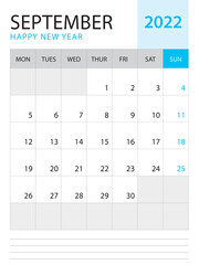 September 2022-Calendar 2022 template vector on blue background, week start on monday, Desk calendar 2022 year, Wall calendar design, corporate planner template, Stationery, organizer diary, vector