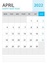 April 2022-Calendar 2022 template vector on blue background, week start on monday, Desk calendar 2022 year, Wall calendar design, corporate planner template, Stationery, organizer diary, vector