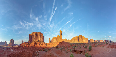 scenic view to the Mittens butte in monument valley seen from visitor center in early morning