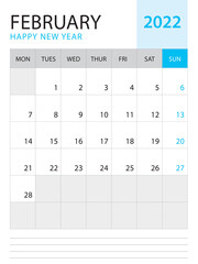 February 2022-Calendar 2022 template vector on blue background, week start on monday, Desk calendar 2022 year, Wall calendar design, corporate planner template, Stationery, organizer diary, vector