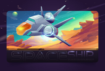 Cartoon spaceship flying on alien planet background. Vector illustration of futuristic high speed aircraft taking off rocky surface into starry sky, exploring cosmic galaxy. Web banner design
