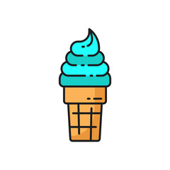 Swirled creamy mint or bubble gum ice cream in wafer cone isolated blue color line icon. Vector refreshing cold takeaway food, fastfood snack. Whipped caramelized thin line icecream in waffle cone