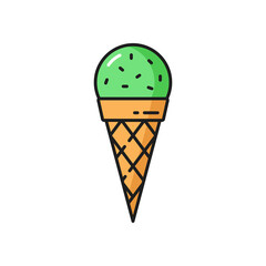 Kiwi or green apple ice cream scoop in waffle cone isolated color line icon. Vector gelato icecream, sweet ice-cream, fastfood takeaway snack. Ice sundae ball in wafer, cold refreshing summer dessert