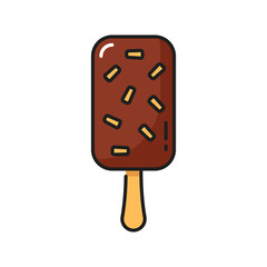 Chocolate ice cream on stick covered by caramel sprinkles isolated color line icon. Vector refreshing summer food, sugary popsicle ice-cream. Yummy sundae ice cream with cocoa topping, thin line