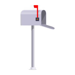 Open mailbox with red flag vector isolated icon. Post box for mail correspondence, postage sign