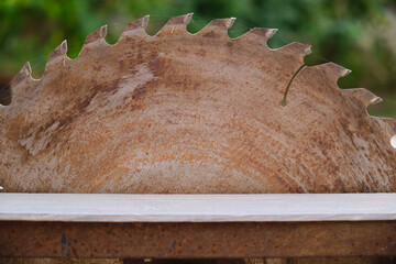 Metal circular saw blade with teeth over the work table blurred background 