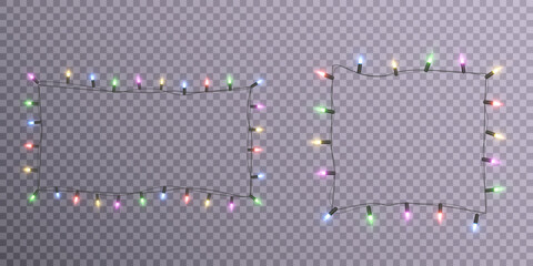 Christmas holiday lights on a transparent background. Lots of glowing lights. Garlands, Christmas decorations. 2023 Vector	