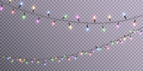 Christmas holiday lights on a transparent background. Lots of glowing lights. Garlands, Christmas decorations. 2023 Vector	