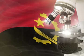 Microscope on Angola flag background - science development concept. Research in clinical medicine or vaccine 3D illustration of object