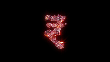 bright red glowing glamorous gems font - rupee sign, isolated - object 3D illustration