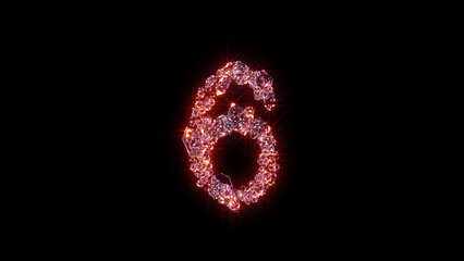 bright red glowing luxury gems alphabet - number 6, isolated - object 3D illustration