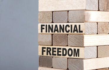 The text on the wooden blocks FINANCIAL FREEEDOM