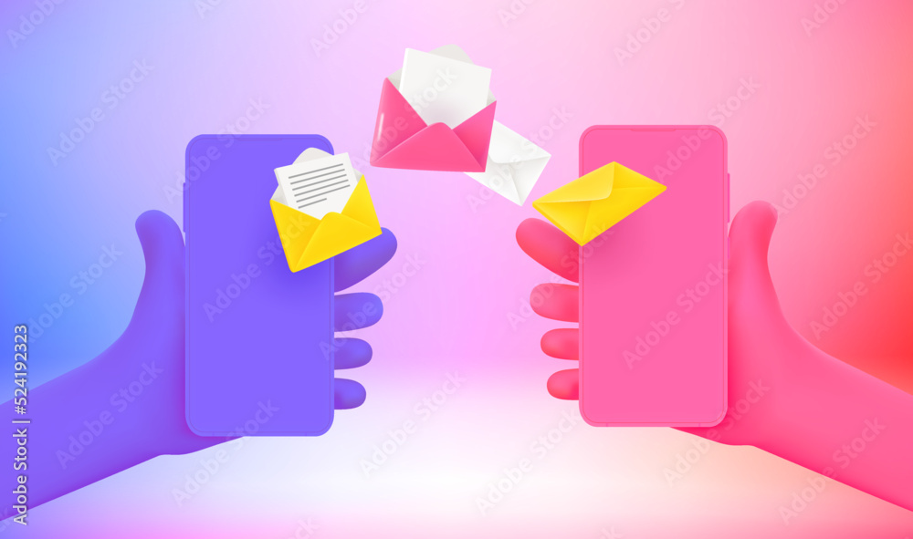 Poster Mailing via mobile application concept. 3d vector illustration with holographic effect