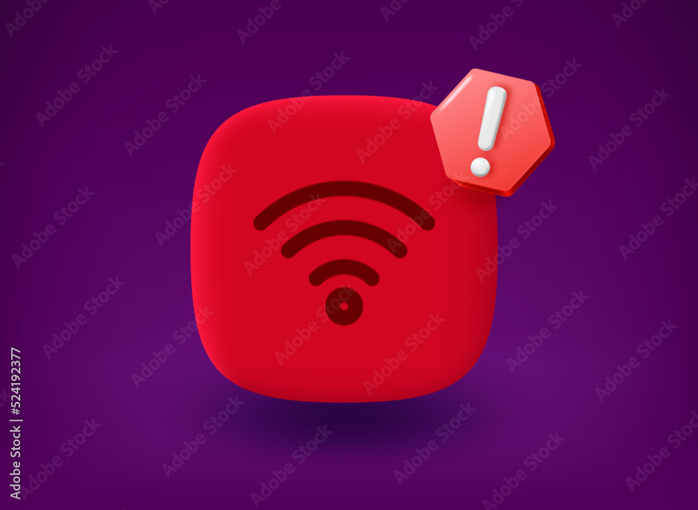 Poster red button with wireless icon and notice pictogram. 3d vector illustration