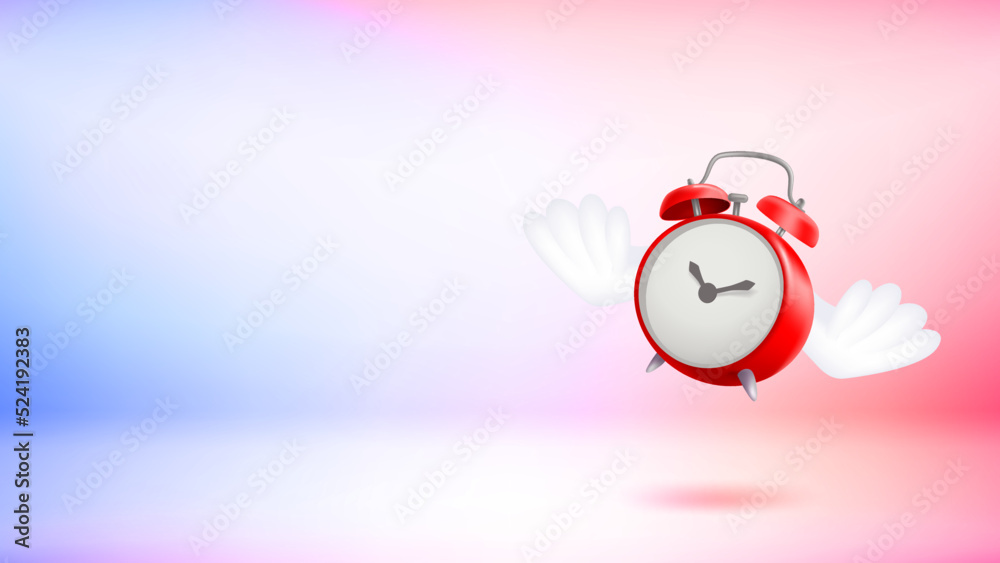 Poster Flying clock with the wings. 3d vector banner with copy space