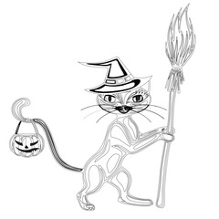 Halloween witch flying on broom .Vector illustration of a coloring on a halloween, funny cat in a witch hat sits on a pumpkin, coloring book page for kids and adults halloween .