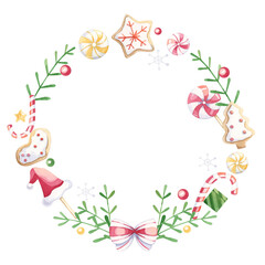 Merry Christmas wreath with fir branches, sweets and gingerbread, white background.