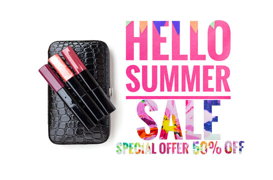 Set of mega shine lip gloss with hello summer banner and sale promotion on white background, beauty and fashion concept, summer sale - Powered by Adobe
