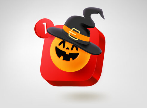 Halloween pumpkin with hat on red button. 3d vector mobile application icon