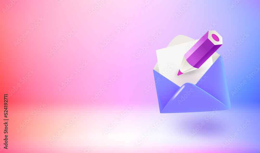 Poster Envelope with pencil. Writing message concept. 3d vector illustration with holographic effect