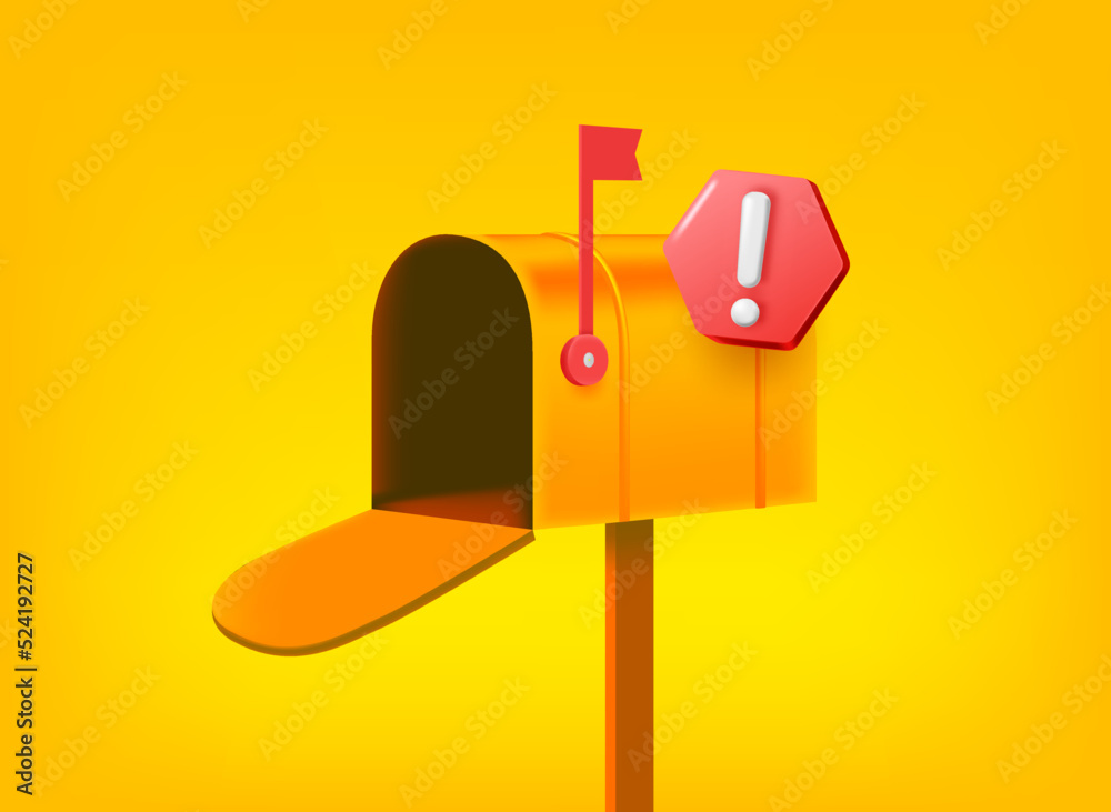 Poster mailing box with exclamation point pictogram. vector 3d illustration