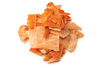 Group of tasty beer snacks. Dehydrated chicken meat slices.