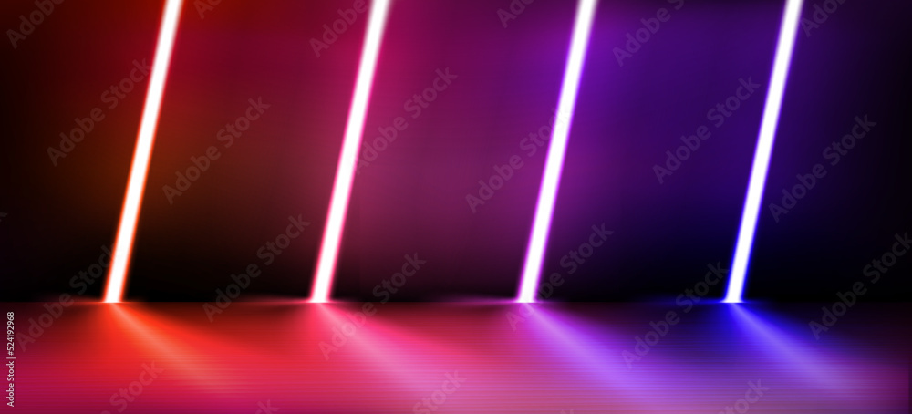Poster Abstract vector studio with diagonal glowing neon lamps. 3d vector illustration with copy space