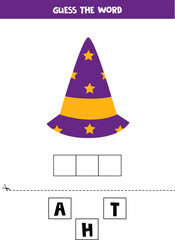 Spelling game for preschool kids. Halloween hat.