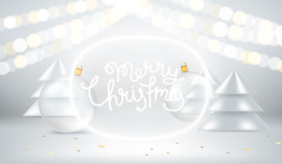 Bright room with christmas elements and lettering inscription. MerryChristmas. 3d vector illustration