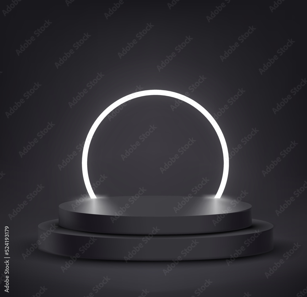 Poster black interior with circle neon light and podium. 3d vector showcase for display products