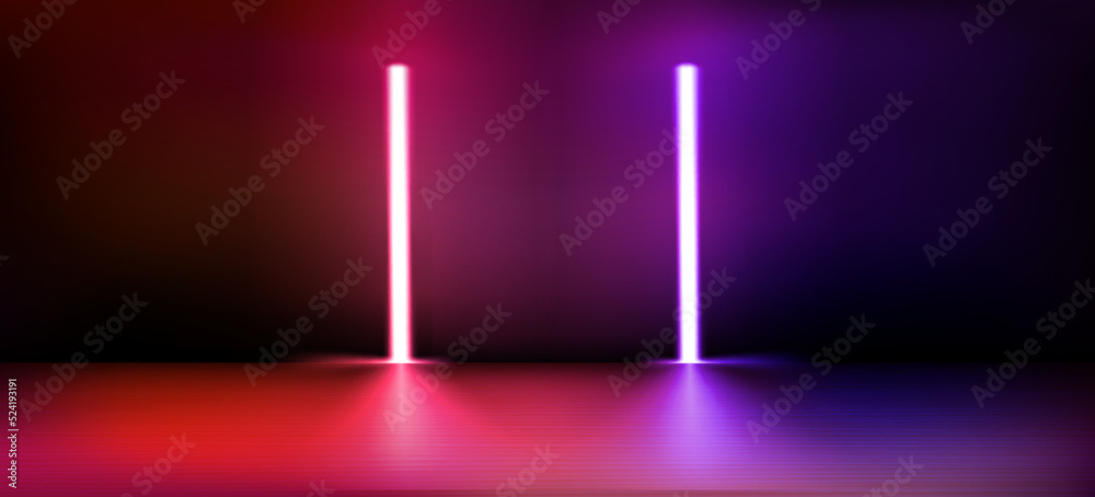 Poster abstract vector studio with glowing neon lamps. 3d vector illustration with copy space