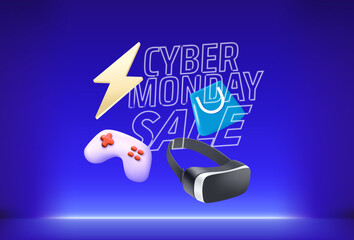 Cyber monday sale banner with accessories and neon inscription. 3d vector illustration