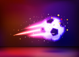 Neon glowing flying soccer ball. 3d vector illustration